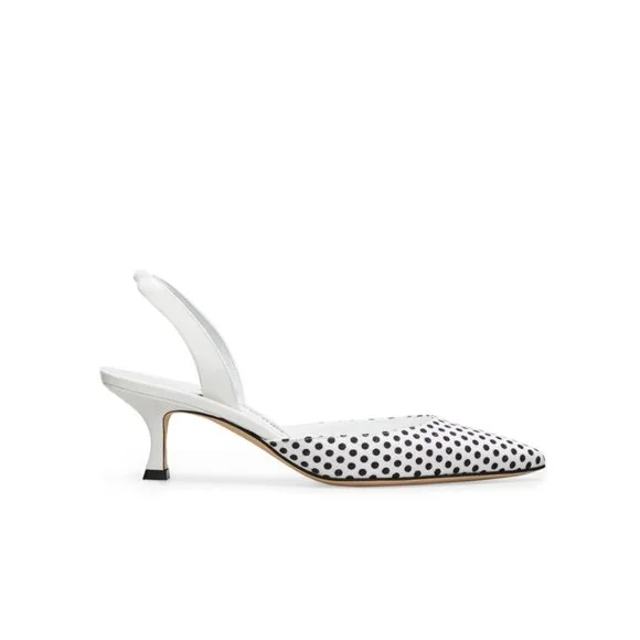 NWT: MANOLO BLAHNIK | White with Black Polkadots Carolyne Kitten-Heel Pumps - Picture 5 of 11